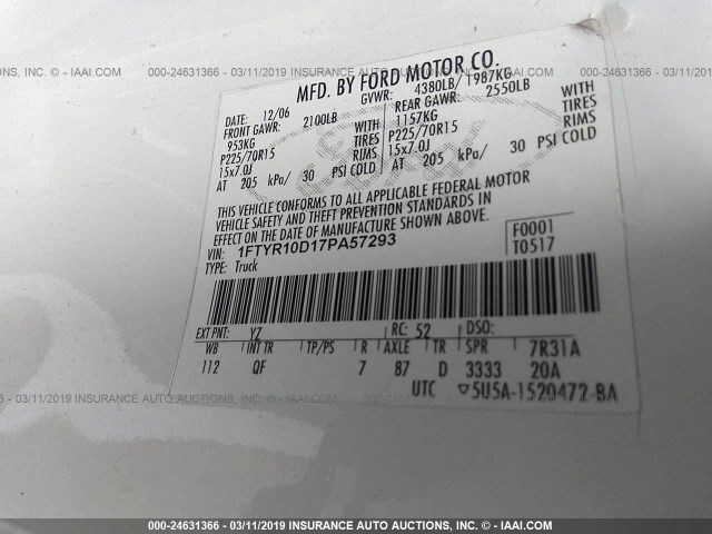 1FTYR10D17PA57293 - 2007 FORD RANGER WHITE photo 9