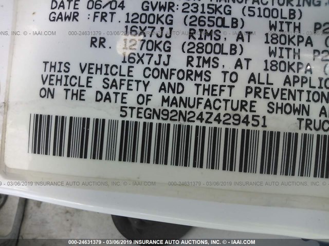 5TEGN92N24Z429451 - 2004 TOYOTA TACOMA DOUBLE CAB PRERUNNER WHITE photo 9