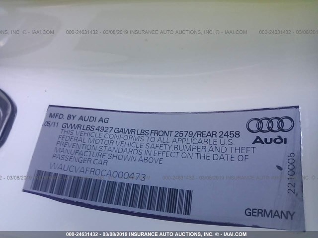 WAUCVAFR0CA000473 - 2012 AUDI S5 PREMIUM PLUS WHITE photo 9