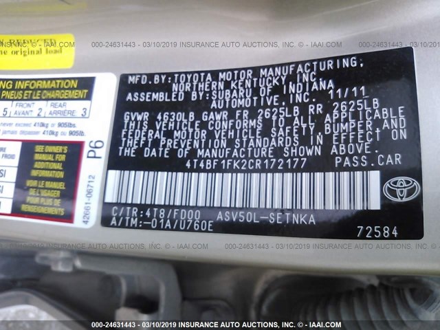 4T4BF1FK2CR172177 - 2012 TOYOTA CAMRY SE/LE/XLE GOLD photo 9