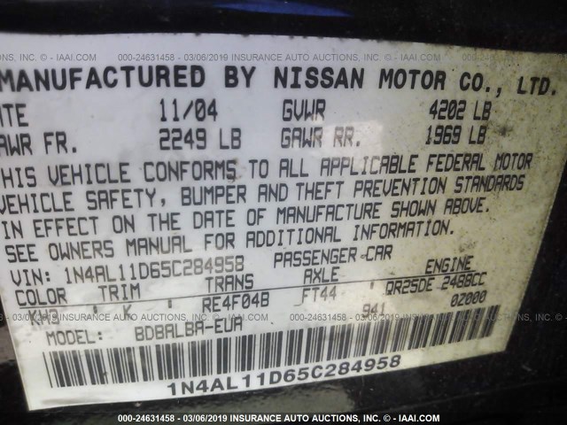 1N4AL11D65C284958 - 2005 NISSAN ALTIMA S/SL BLACK photo 9