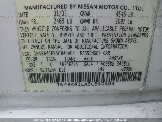 1N4BA41EX5C840404 - 2005 NISSAN MAXIMA SE/SL WHITE photo 9