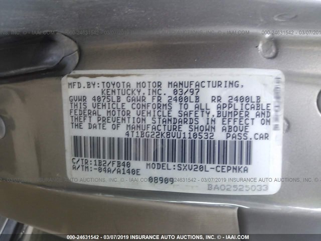 4T1BG22K8VU110532 - 1997 TOYOTA CAMRY CE/LE/XLE TAN photo 9