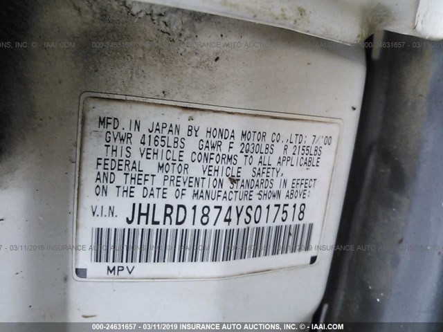 JHLRD1874YS017518 - 2000 HONDA CR-V SE/EX WHITE photo 9