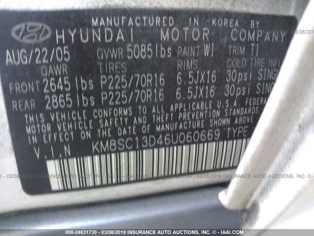 KM8SC13D46U060669 - 2006 HYUNDAI SANTA FE GLS/LIMITED WHITE photo 9