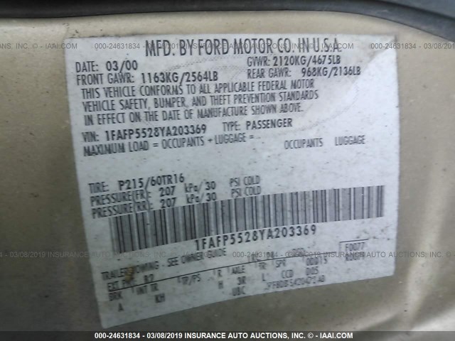 1FAFP5528YA203369 - 2000 FORD TAURUS SES GOLD photo 9