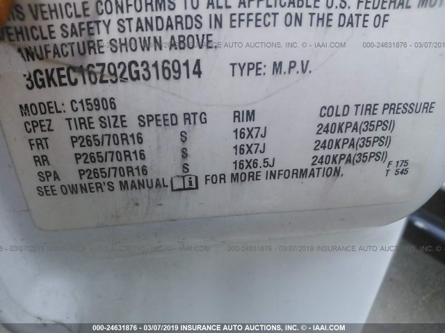 3GKEC16Z92G316914 - 2002 GMC YUKON XL C1500 WHITE photo 9