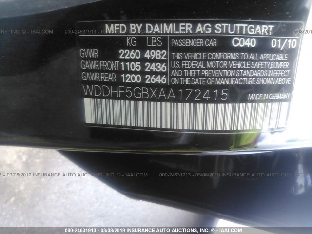 WDDHF5GBXAA172415 - 2010 MERCEDES-BENZ E 350 BLACK photo 9