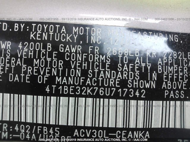 4T1BE32K76U717342 - 2006 TOYOTA CAMRY LE/XLE/SE TAN photo 9