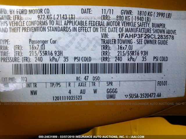 1FAHP3F29CL283578 - 2012 FORD FOCUS SE YELLOW photo 9