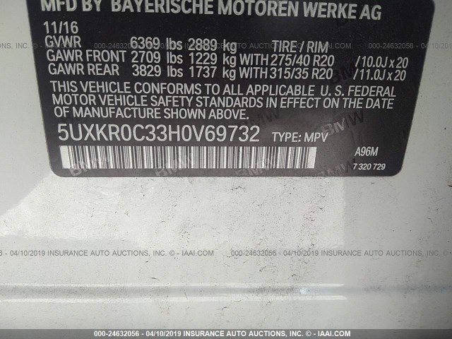 5UXKR0C33H0V69732 - 2017 BMW X5 XDRIVE35I WHITE photo 9