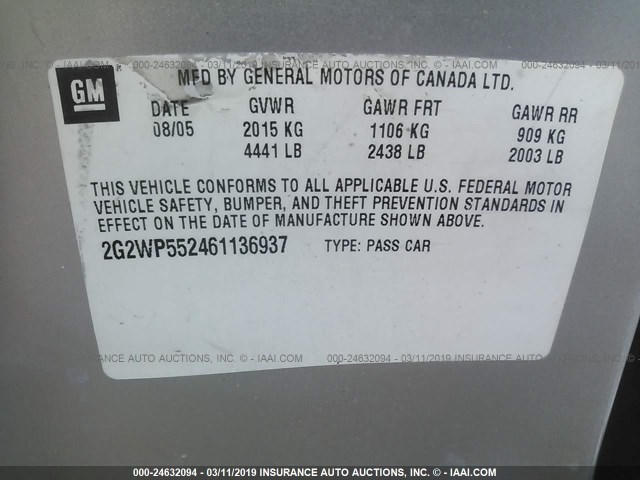 2G2WP552461136937 - 2006 PONTIAC GRAND PRIX 银色 照片 9