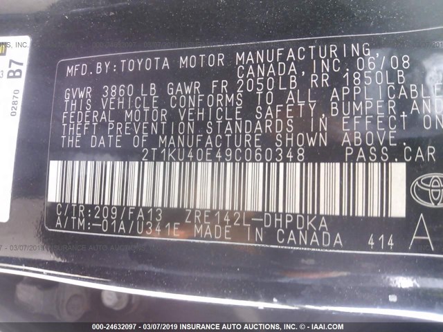 2T1KU40E49C060348 - 2009 TOYOTA COROLLA MATRIX  BLACK photo 9