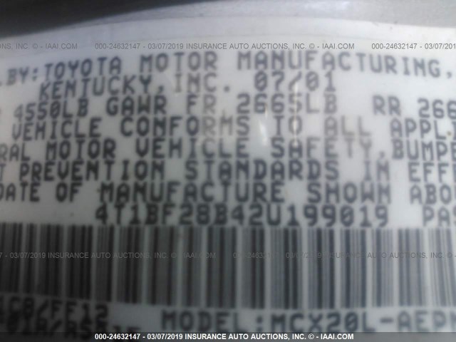 4T1BF28B42U199019 - 2002 TOYOTA AVALON XL/XLS SILVER photo 9