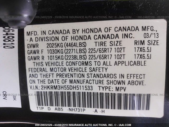 2HKRM3H55DH511533 - 2013 HONDA CR-V EX შავი ფოტო 9