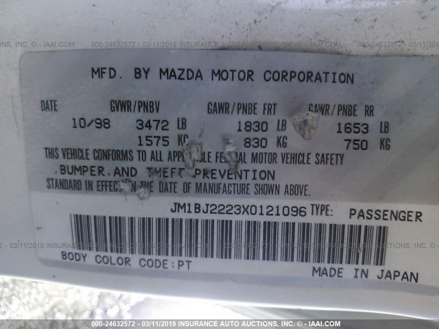 JM1BJ2223X0121096 - 1999 MAZDA PROTEGE DX/LX WHITE photo 9