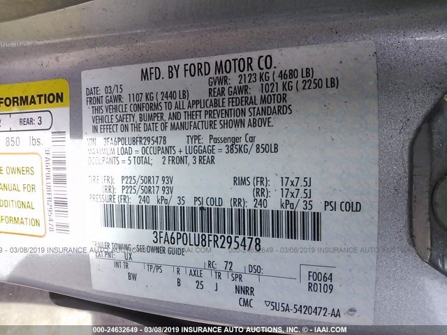 3FA6P0LU8FR295478 - 2015 FORD FUSION SE HYBRID SILVER photo 9