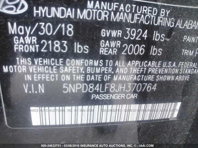 5NPD84LF8JH370764 - 2018 HYUNDAI ELANTRA SEL/VALUE/LIMITED BLACK photo 9