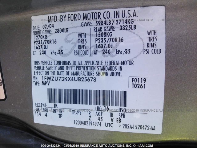 1FMZU73KX4UB25678 - 2004 FORD EXPLORER XLT/XLT SPORT/NBX BEIGE photo 9