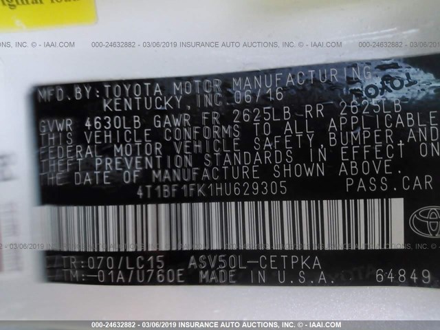 4T1BF1FK1HU629305 - 2017 TOYOTA CAMRY LE/XLE/SE/XSE WHITE photo 9