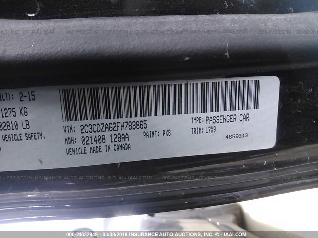 2C3CDZAG2FH783865 - 2015 DODGE CHALLENGER SXT BLACK photo 9