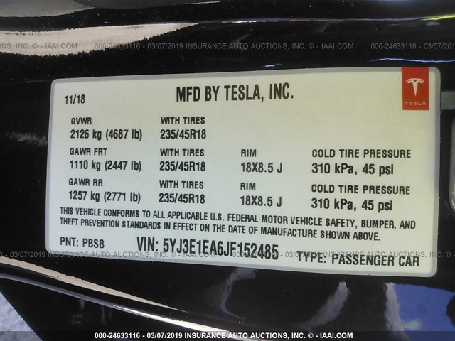 5YJ3E1EA6JF152485 - 2018 TESLA MODEL 3 BLACK photo 9