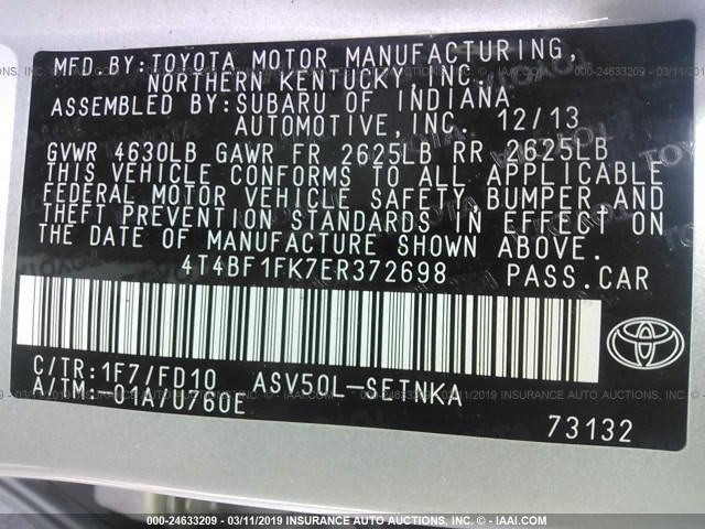4T4BF1FK7ER372698 - 2014 TOYOTA CAMRY L/SE/LE/XLE SILVER photo 9