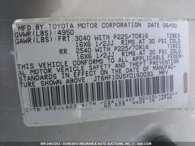 JT6HF10U5Y0160033 - 2000 LEXUS RX 300 GOLD photo 9