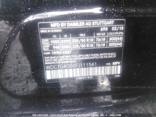 WDCTG4GB0FJ111541 - 2015 MERCEDES-BENZ GLA 250 4MATIC BLACK photo 9