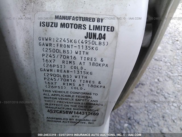 4S2CK58W144317169 - 2004 ISUZU RODEO S WHITE photo 9