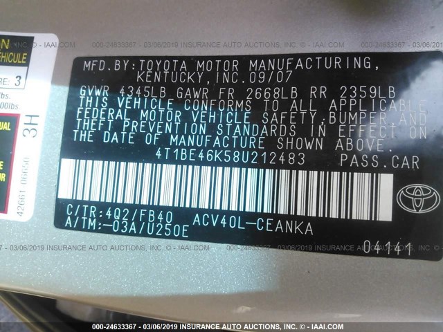 4T1BE46K58U212483 - 2008 TOYOTA CAMRY CE/LE/XLE/SE GRAY photo 9