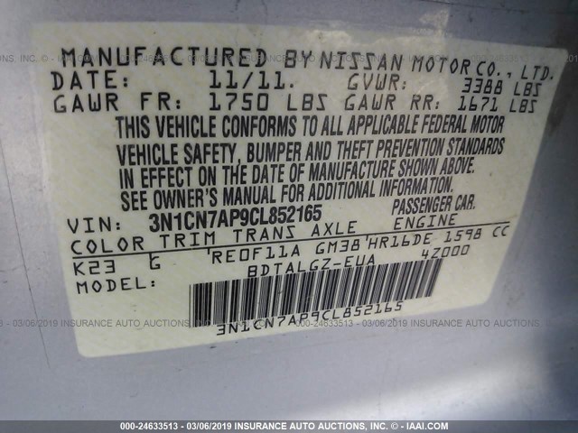 3N1CN7AP9CL852165 - 2012 NISSAN VERSA S/SV/SL SILVER photo 9