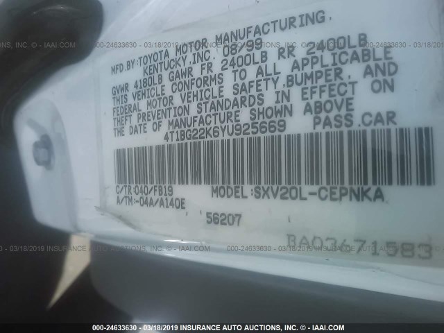 4T1BG22K6YU925669 - 2000 TOYOTA CAMRY CE/LE/XLE 白色 照片 9