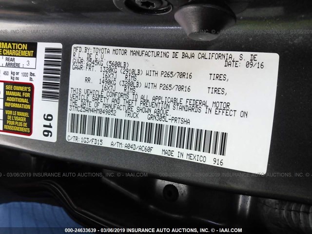 3TMCZ5AN4HM049852 - 2017 TOYOTA TACOMA DBL CAB/SR/TRDSPT/OR/PRO ნაცრისფერი ფოტო 9