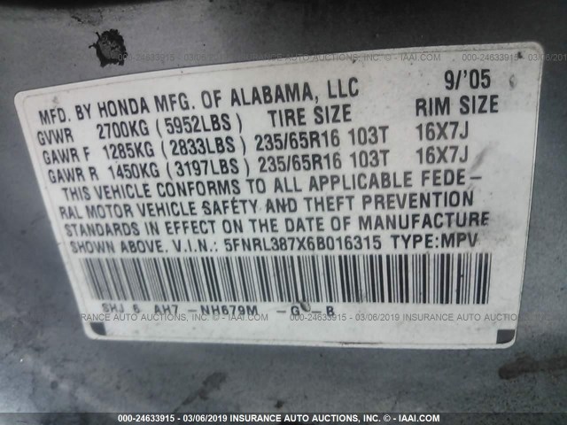 5FNRL387X6B016315 - 2006 HONDA ODYSSEY EXL GRAY photo 9