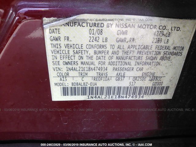 1N4AL21E18N474934 - 2008 NISSAN ALTIMA 2.5/2.5S RED photo 9