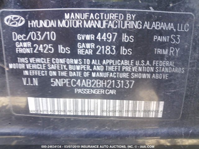 5NPEC4AB2BH213137 - 2011 HYUNDAI SONATA SE/LIMITED BLACK photo 9