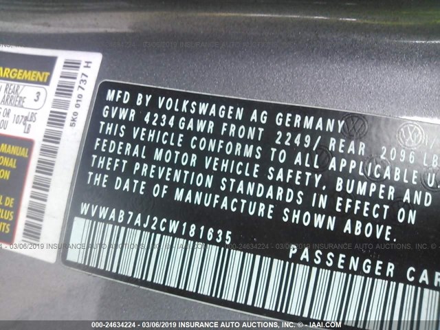 WVWAB7AJ2CW181635 - 2012 VOLKSWAGEN GOLF 灰色 照片 9