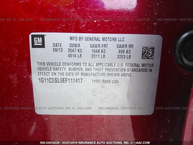 1G11C5SL9EF111417 - 2014 CHEVROLET MALIBU 1LT 红色 照片 9