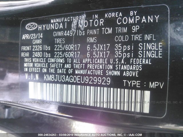 KM8JU3AG0EU929929 - 2014 HYUNDAI Tucson GLS/LIMITED/SE BLACK photo 9