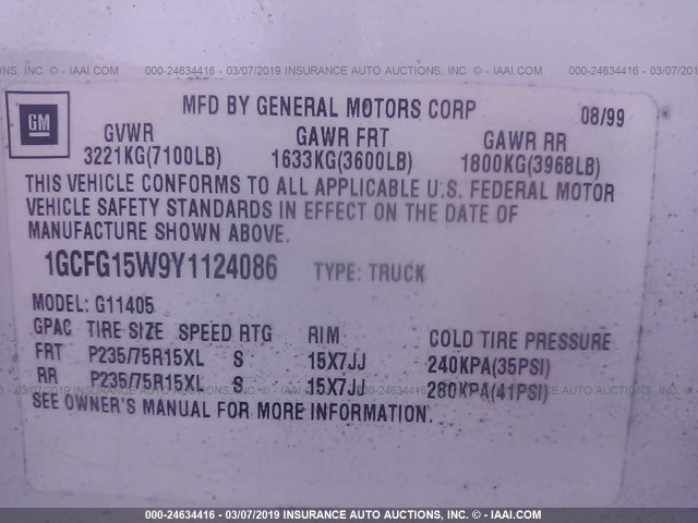 1GCFG15W9Y1124086 - 2000 CHEVROLET EXPRESS G1500  WHITE photo 9