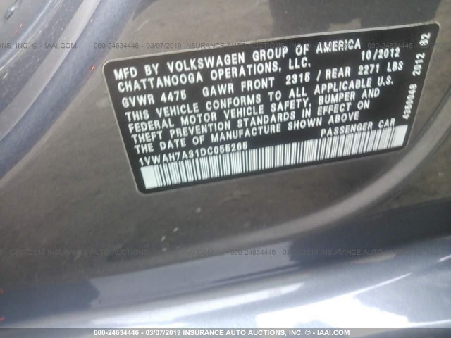 1VWAH7A31DC055265 - 2013 VOLKSWAGEN PASSAT S GRAY photo 9