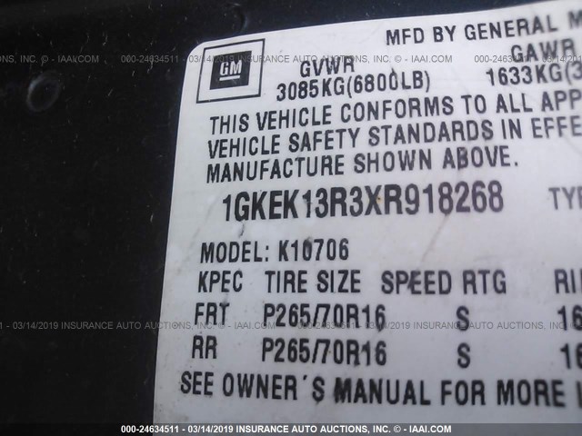 1GKEK13R3XR918268 - 1999 GMC DENALI BLUE photo 9