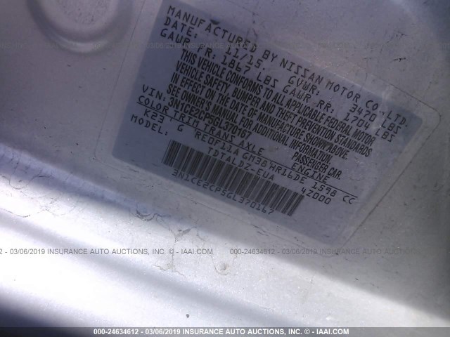 3N1CE2CP5GL370167 - 2016 NISSAN VERSA NOTE S/S PLUS/SV/SL/SR SILVER photo 9