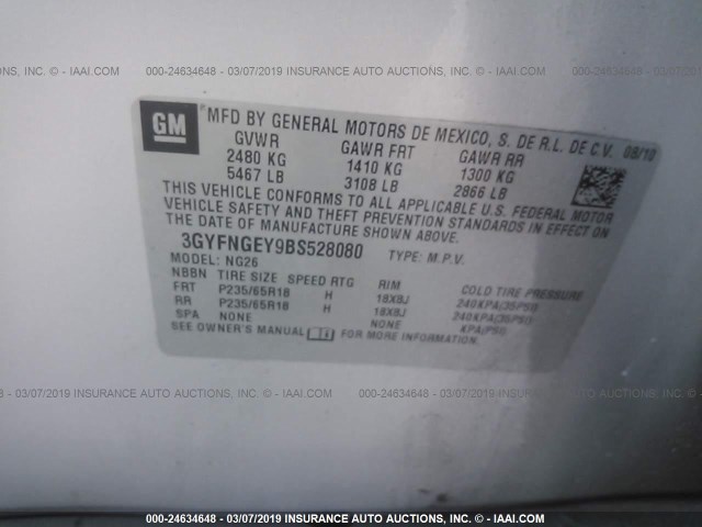 3GYFNGEY9BS528080 - 2011 CADILLAC SRX 银色 照片 9