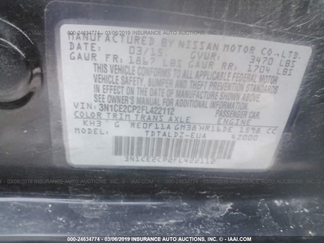 3N1CE2CP2FL422112 - 2015 NISSAN VERSA NOTE S/S PLUS/SV/SL/SR BLACK photo 9