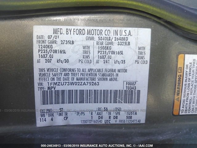 1FMZU73W02ZA75263 - 2002 FORD EXPLORER XLT GREEN photo 9