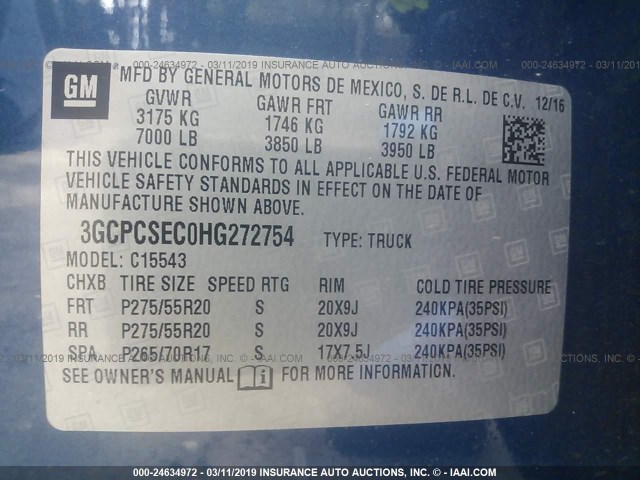 3GCPCSEC0HG272754 - 2017 CHEVROLET SILVERADO C1500 LTZ BLUE photo 9