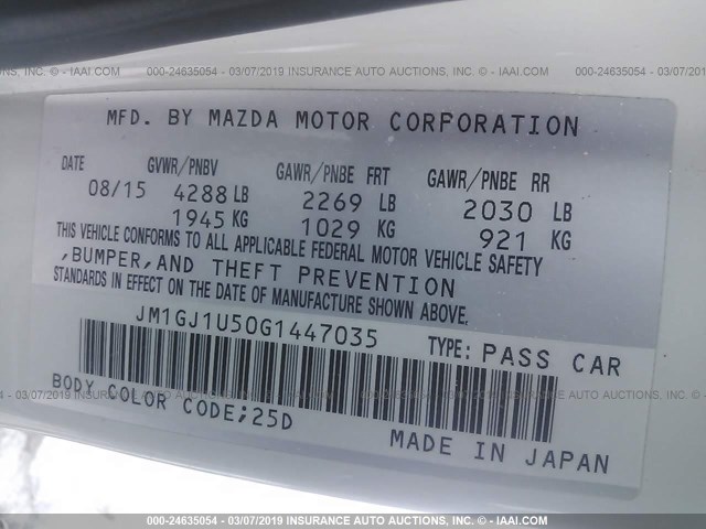 JM1GJ1U50G1447035 - 2016 MAZDA 6 SPORT WHITE photo 9