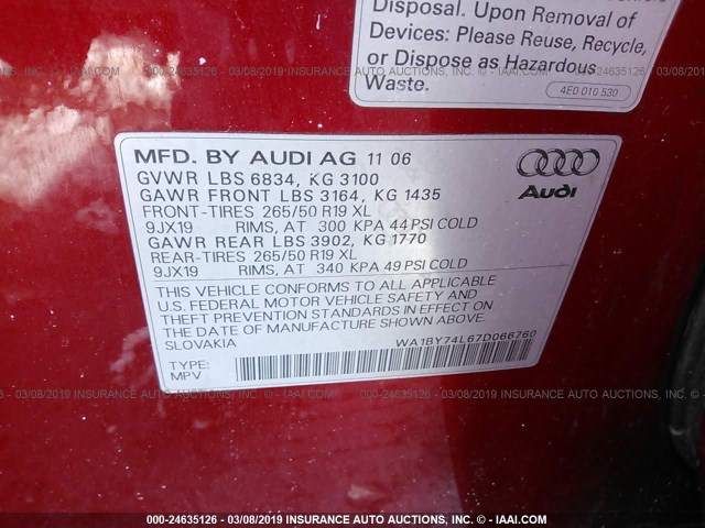 WA1BY74L67D066760 - 2007 AUDI Q7 3.6 QUATTRO PREMIUM BURGUNDY photo 9